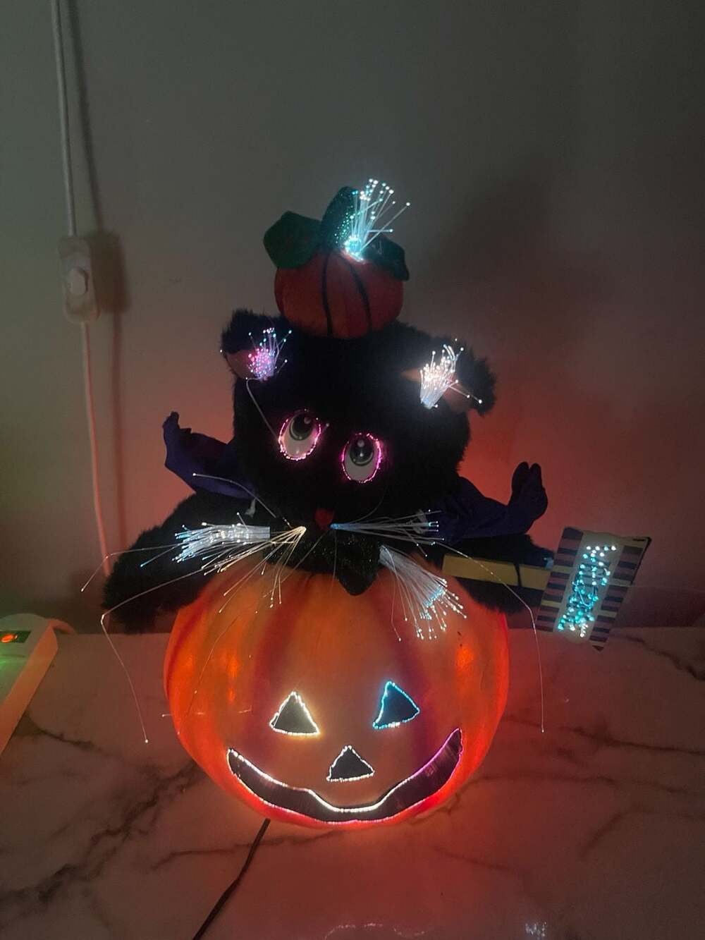 Animated Halloween Fiber Optic Light Up Black Cat Pumpkin Welcome Sign